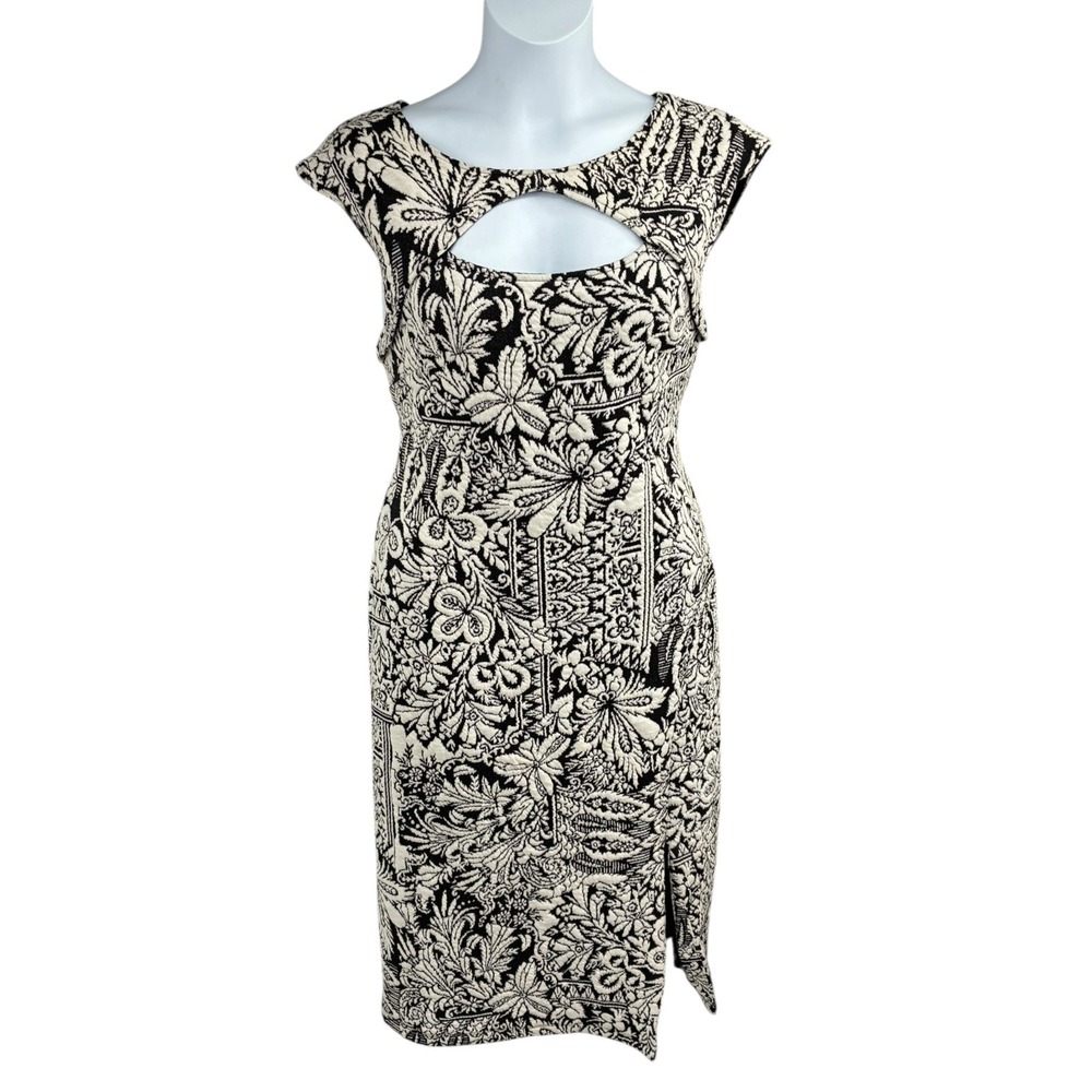 Anthropologie Black Ivory Floral Jacquard Midi Dress Cutout Keyhole Cap Sleeve L